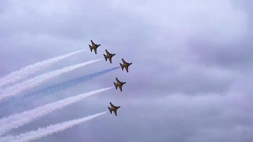 Five Jets Fly in Formation Creating Smoke Trails
