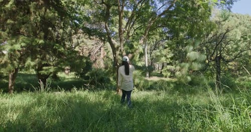 Young Woman Walking Through Tall Grass Towards Large Tree in Park