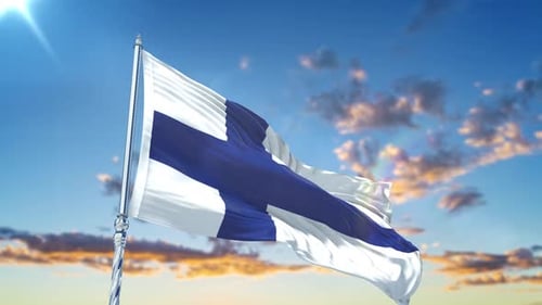 Realistic Finland Flag Waving Animation in Blue Sky