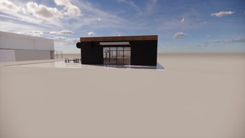 Modern minimalist building with glass facade and flat roof