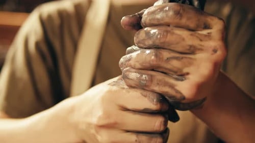 Woman Potter Works with Clay on Master Class in Studio Working Process in Ceramic Workshop Potter