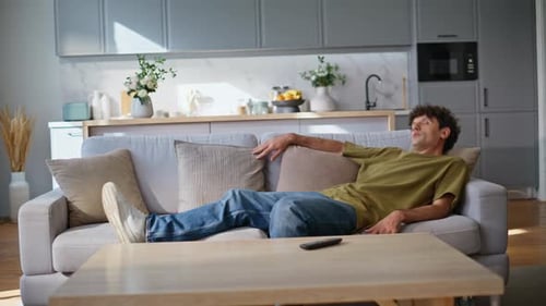 Exhausted Brunette Falling Sofa Feeling Relaxed at Home Tired Man Lying Couch
