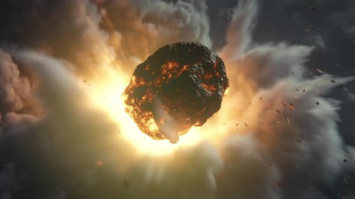 Intense Meteor Impact Illuminating Storm Clouds with Fiery Fragments and Shockwave Dramatic