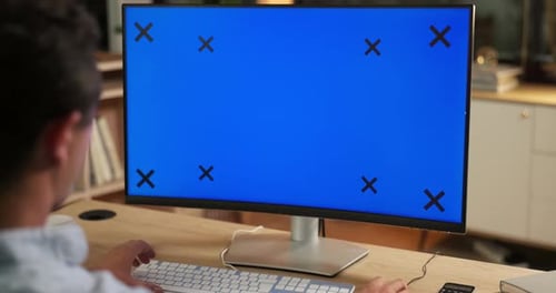 Office, computer mockup and business man online for website, research and browse internet at night