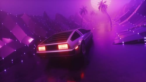 Foggy Roadn With Landscape And Riding Car Synth Wave Background