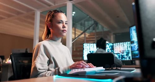 Woman, engineer or coding on keyboard by computer screen or productivity on futuristic technology