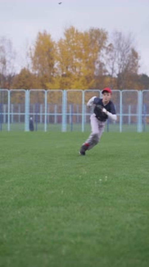 Baseball Tournament at School the Boy Pitcher Run and Successfully Catches a Fastball in the Glove