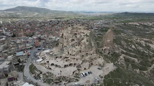 Aerial view of Uchisar Castle in Uchisar old town, Cappadocia, Turkey.
