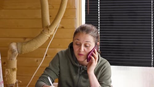 Woman Talking on Mobile Phone and Writing Notes