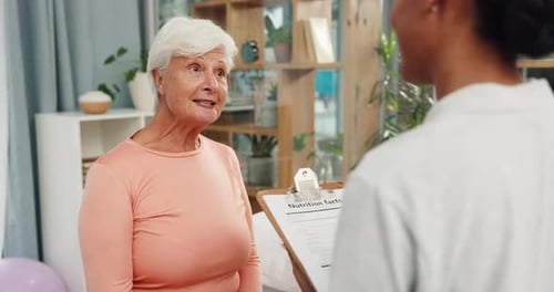 Healthcare, old woman and nutritionist in consultation in office, advice on food