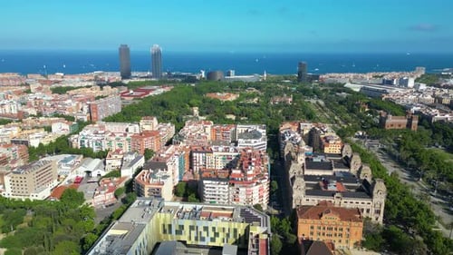 Barcelona Urban Skyline. Aerial view of Parc de la Ciutadella, Park Ciutadella