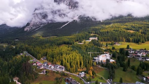 Aerial drone view of the village of St. Ulrich in Gröden in the heart of the Dolomites, Italy