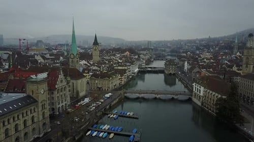 Aerial view of Fraumunster and Limmat River, Switzerland.
