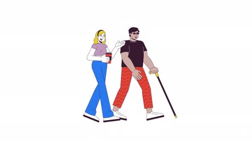Arabischer Mann mit Blindheit auf einem Spaziergang mit weiblicher Freundeslinie 2D-Charakteranimation