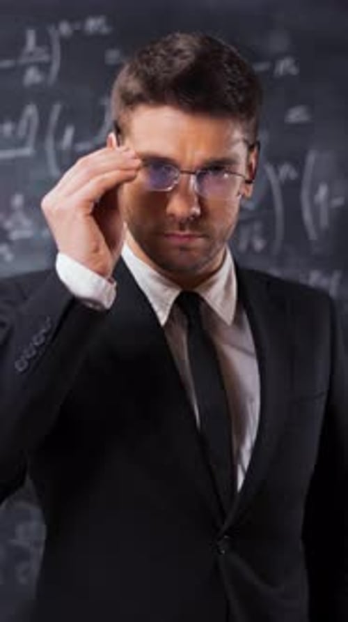Vertical of Portrait of Scientist Man Standing Near Mathematical Equations