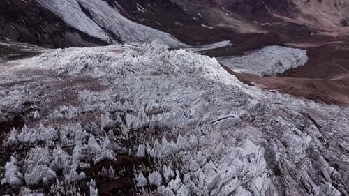 Glacial Ice Formations and Rocky Cliffs on Aconcagua Andes