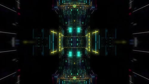 Futuristischer, neonbeleuchteter Serverraum mit leuchtenden blauen und roten Lichtern