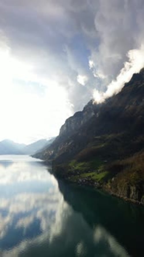 Lake Walen Walensee dramatic fjord-like appearance in Switzerland Swiss nature aerial drone