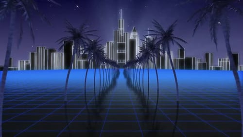 Blue Retro Background Looping Scene, 80s Retro Background With Palm Trees and Illuminated City