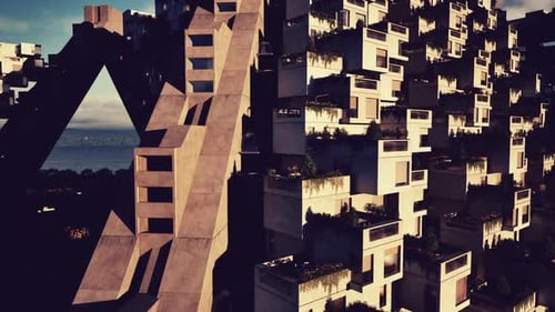Einzigartiges architektonisches Design einer modernen Wohnanlage bei Sonnenuntergang in Küstennähe