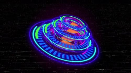Abstract Futuristic Hud Interface With Rotating Neon Circles In Cyan, Magenta, And Green Glowing