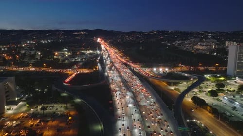 Aerial View of Traffic Jam in Downtown Los Angeles California at Night
