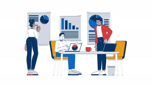 Diverse team analyzing business charts in office doodle cartoon animation