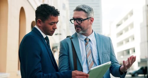 City, employees and men with tablet, planning or teamwork for criminal case, lawyers and discussion