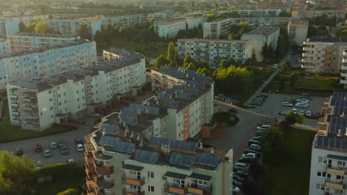 Aerial View of Apartment Buildings with Solar Panels
