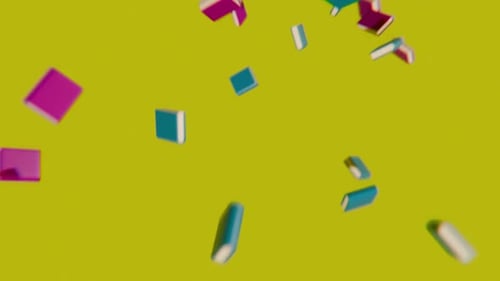 colourful 3d books falling from above, yellow background