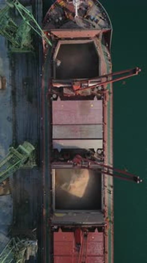 Aerial View of Big Cargo Ship Bulk Carrier is Loaded with Grain of Wheat in Port at Sunset