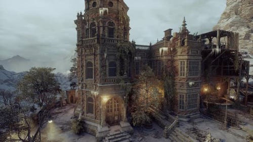 Old Snowy Mansion with Flickering Lights