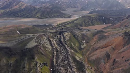 Aerial View of Icelandic Lava Field Lake and Multicolored Mountains