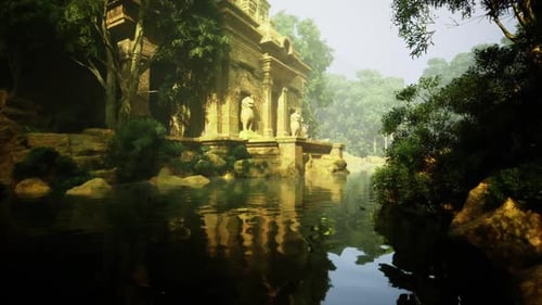 Die Goldene Stunde beleuchtet den Flussufertempel und das sprudelnde Wasser