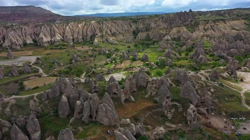 Aerial View of Unique Rock Formations in Cappadocia, Turkey