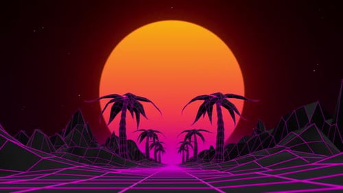 Seamless loop animation of synthwave landscape with pink neon lights and glowing wireframe net.