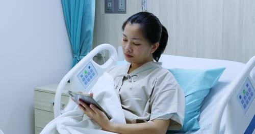 Digital therapy engagement patient portrait in a calm hospital room for health awareness