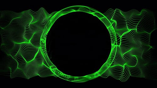 Abstract green ring made of floating strings with round empty space on a black background