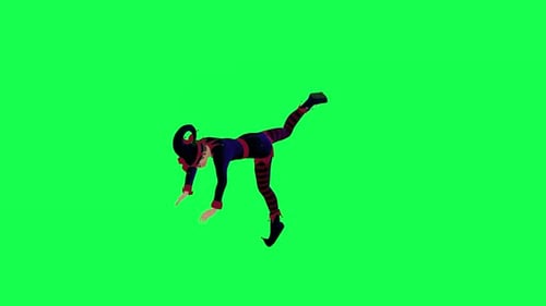3D elf in blue,red drees dancing and doing acrobatics right angle on green screen
