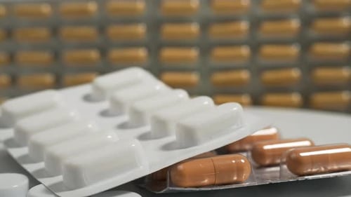 Close up with pills rotating. Pills and drugs. Medicine, pills and tablets with blister packs turnin