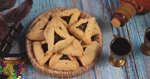 Hamantaschen Cookies with Wine and Carnival Mask