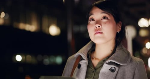 Night, city and Japanese woman with a tablet while thinking for gps location, email or a search
