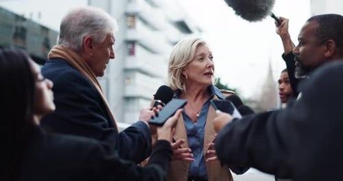Politician, woman and speaking with journalist for news, government policy and opinion in city