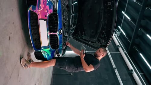 Ein Autoservice-Mitarbeiter schaut auf ein Tablet in seiner Hand, während er neben einem teuren Auto steht