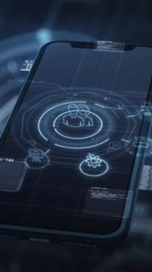 Futuristic Mobile Holographic UI with Animated Data Network Icons