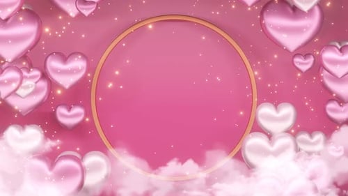Floating Pink Hearts and Golden Ring Background