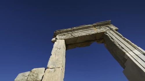 Ancient Greek Stone Arch in Dalyan, Turkey. Caunos ancient city. 4K.