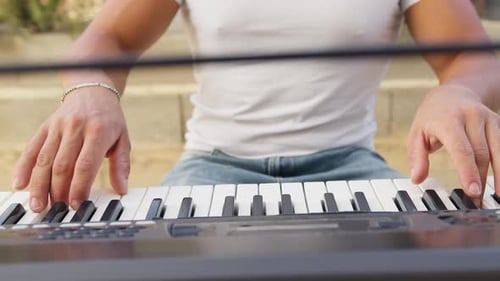 Pianist Hands Rehearse Notes On Electric Keyboard Close Up
