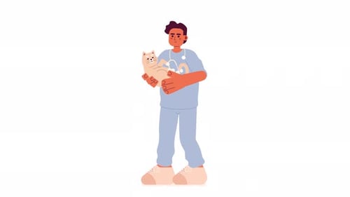 Animated Veterinarian Holding Purring Cat Flat Design
