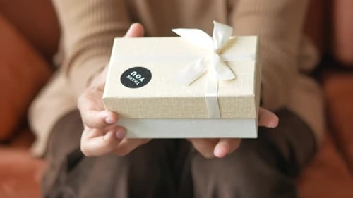 Hands Offer Small Gift Box With Ribbon Indoors